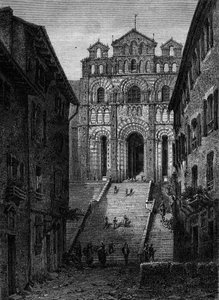 Vue de la façade de la Cathédrale Notre-Dame du Puy-en-Velay, Haute-Loire (43) - French School
