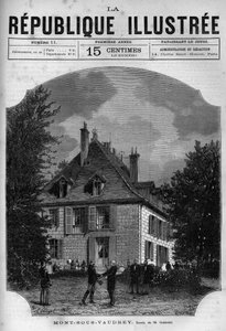 Vue de la maison du président Jules Grévy (1807-1891) à Mont-sous-Vaudrey en Franche-Comté. Un journal. Gravure de 1880 dans « La république illustrée » collection privée