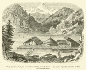 Village gaulois sur pilotis, non loin du village de Meilen, au lac de Zurich