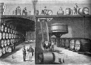 Viticulture : vue intérieure des caves et ateliers de M. P. Morel et F. Sourzac à Bordeaux, Gironde (33)