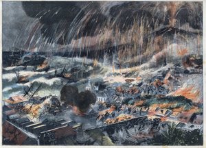 Éruption volcanique de la montagne Pelée en Martinique : le volcan anéantit la ville de Saint-Pierre. Gravure dans « Le Petit Parisien ».