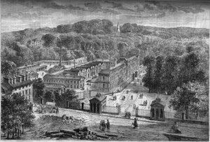 Vue extérieure de la manufacture impériale de porcelaine de Sèvres, construite dans le parc de Saint-Cloud d