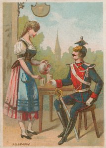 Serveuse versant une boisson pour un soldat, Allemagne