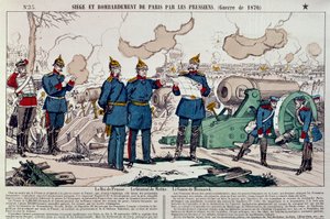 Guerre de 1870 : siège et bombardement de la ville de Paris par les Prussiens. Le roi prussien Guillaume Ier (1797-1888), le général Moltke (1800-1891) et le chancelier Otto von Bismarck (1815-1898) se concertent. Gravure de 1870. Paris, Musée Carnavalet