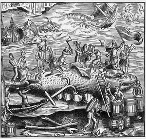 Pêche à la baleine sur la côte atlantique française au Moyen Âge. Gravure dans "La Marine et les colonies: commerce"