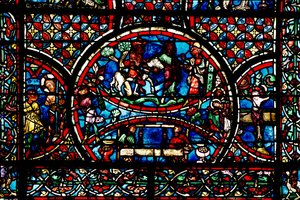 Vitrail représentant le Bon Samaritain et la Guilde des Tisserands
