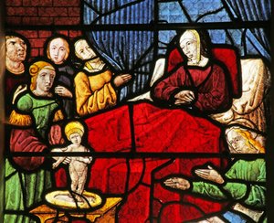 Vitrail représentant la naissance de Saint Nicolas