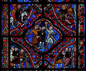 Fenêtre représentant la quatrième section de la fenêtre de Saint Jacques, w5 : Un groupe de pèlerins ; Une scène de la légende de la coupe cachée ; le martyre du Saint