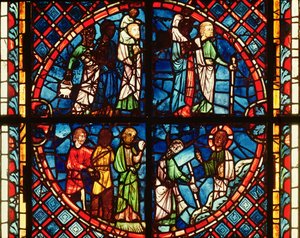 Vitrail de la chapelle de la Vierge représentant les Israélites dans le désert et Moïse sur le mont Sinaï, vers 1240-50