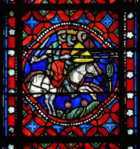Fenêtre s1-R représentant une scène du voyage de Saint Bonnet à Rome : le roi Aripert de Pavie combat les barons - French School