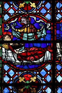 Fenêtre w04 représentant la Charité de Saint Martin : il divise son manteau et celui-ci est rendu par le Christ - French School