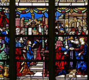 Fenêtre w105 représentant la Vierge Marie - Son mariage ; le Temple