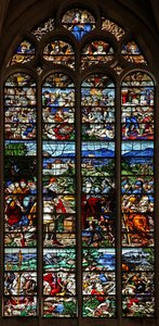 Fenêtre w124 représentant Abraham et Melchisédek ; Saint Jacques en bataille avec les Maures en Espagne ; scènes de la vie de Saint Jacques - French School