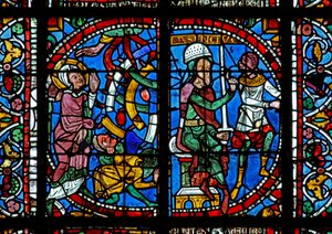 Fenêtre w125 représentant une scène de la vie de Sainte Catherine : Maxence ordonne de la briser sur la roue - French School