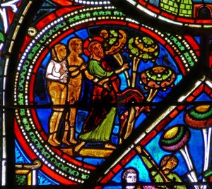 Fenêtre du Bon Samaritain : Dieu montre le fruit défendu à Adam et Ève - French School