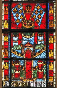 Vitrail w205 représentant un château et des drapeaux avec fleur-de-lys - French School