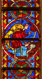 Scène de la vie de Saint Thomas : un lion attaque le cupbearer alors qu