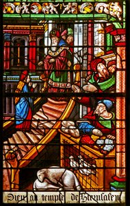 Fenêtre w38 représentant une scène de la vie de la Vierge Marie : sa Présentation au Temple - French School