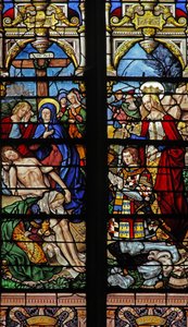 Fenêtre w4 représentant la Descente de Croix avec le donateur François de Montmorency et Sainte Françoise
