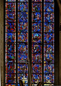 Fenêtre w51 représentant une des Belles Verrières avec des scènes de la vie de Saint Nicolas, Sainte Catherine et Saint Sever - French School