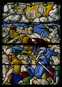 Fenêtre w5 représentant une scène de la Révélation de Saint Jean : des chevaux avec des têtes de lions, de la fumée et du soufre sortant de leurs bouches - French School