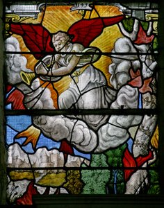 Fenêtre w5 représentant une scène de la Révélation de Saint Jean : un des sept anges avec des trompettes - French School