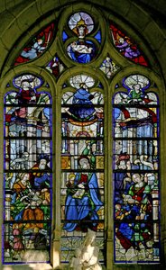 Fenêtre w6 représentant Sainte Anne enseignant la lecture à la Vierge ; Marie Jacobe et Marie Salomé et leurs familles ; David, Asa, Josias au-dessus - French School