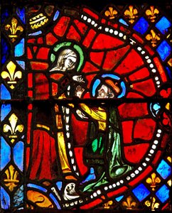Fenêtre w6 représentant une scène de la Vie de la Vierge Marie : Joseph demande pardon à la Vierge Marie