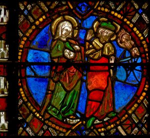Fenêtre w6 représentant une scène de la Vie de la Vierge Marie : Joseph est rassuré