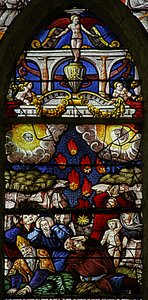 Fenêtre w7 représentant une scène du Livre de la Révélation de Saint Jean : des étoiles tombent sur la terre : le soleil devient noir et la lune comme du sang