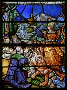 Fenêtre w7 représentant une scène du Livre de la Révélation de Saint Jean : la femme sur la bête à 7 têtes - French School