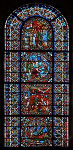 Fenêtre wXXI représentant une fenêtre composite de 4 panneaux, trois en lien avec Saint Gervais et Saint Protais - French School