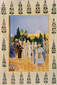 Avec mon manteau, je protégerai sa nudité, illustration de Les Mille et Une Nuits, 1895 (gravure en couleur) - French School