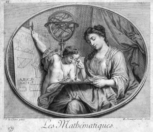Femme et enfant avec compas et figures (allégorie des mathématiques) - gravure
