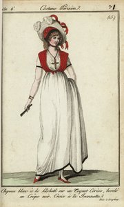 Femme avec chapeau Lisbeth à la mode de 1798 (gravure sur cuivre coloriée à la main)