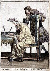 Femme en chemise et bonnet de nuit écrivant une lettre avec un homme - French School