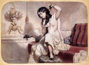 Femme se parfumant après le bain - lithographie, v.1860