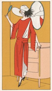 Femme portant une robe en crêpe rouge et un chapeau blanc dans les années 1920 (lithographie couleur) - French School