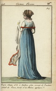 Femme avec châle transparent à la mode de 1798 (gravure sur cuivre colorée à la main)