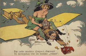 Femme au buste semi-exposé chevauchant un homme/avion (lithographie couleur) - French School