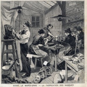 Atelier de fabrication de masques pour les déguisements du carnaval de Mardi Gras. Dans « Le Petit Parisien » du 14/02/1897