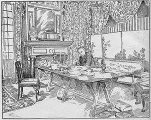 Écrivain Alexandre Dumas fils (1824-1895) dans son cabinet de travail. Gravure dans « La gazette du dimanche » du 12 décembre 1895