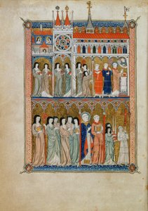 Messe assistée par des officiels avec une procession en dessous, c.1300