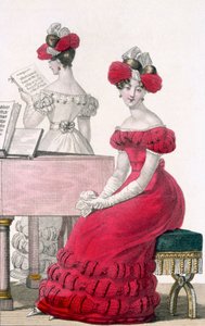 Jeune femme en robe de soirée en crêpe avec une coiffe élaborée, publicité dans Modes de Paris, vers 1825 - French School