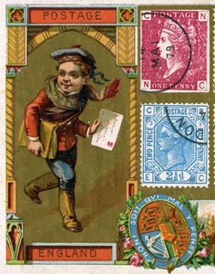 Jeune facteur avec son sac de lettres livrant une lettre en Angleterre victorienne, fin du XIXe siècle