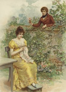Jeune femme, approchée par un prétendant avec une fleur par-dessus le mur - French School