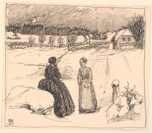 Là dehors dans la neige, une femme en longues robes noires... - Fritz Syberg