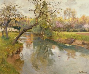 Paysage fluvial français avec un arbre en fleurs