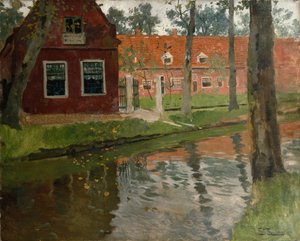 De Vollendam, maison rouge, eau - Fritz Thaulow