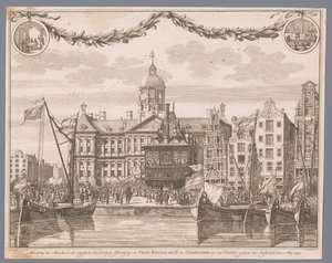 Menigte op de Dam in Amsterdam viert de afkondiging van Willem IV als stadhouder - G.J. Marstaller